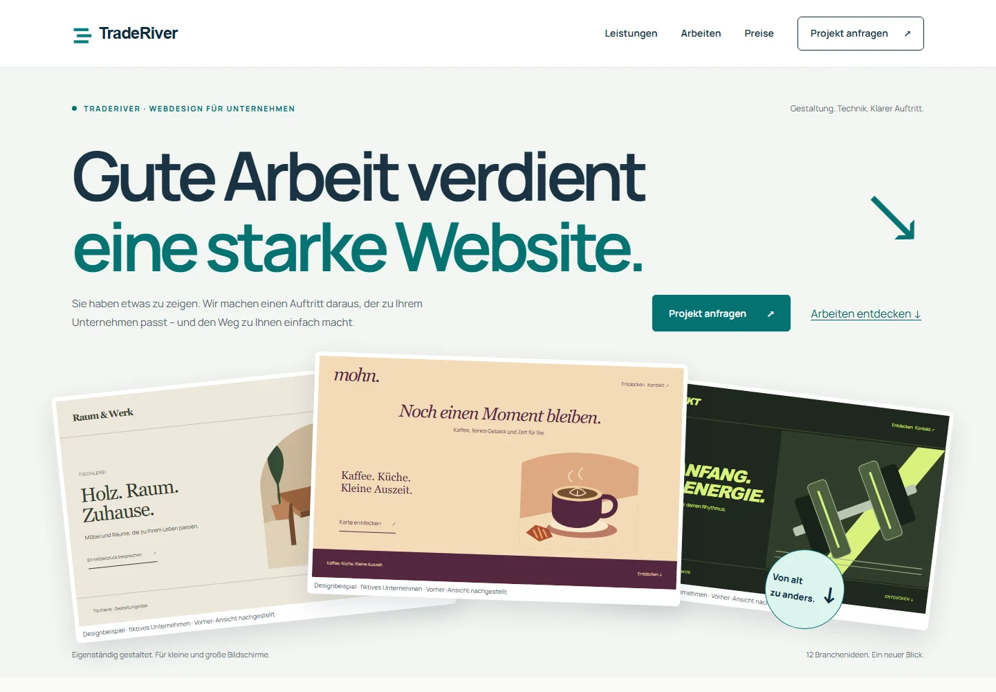 Aufnahme der neuen TradeRiver-Startseite mit großer Schrift und Designcollage